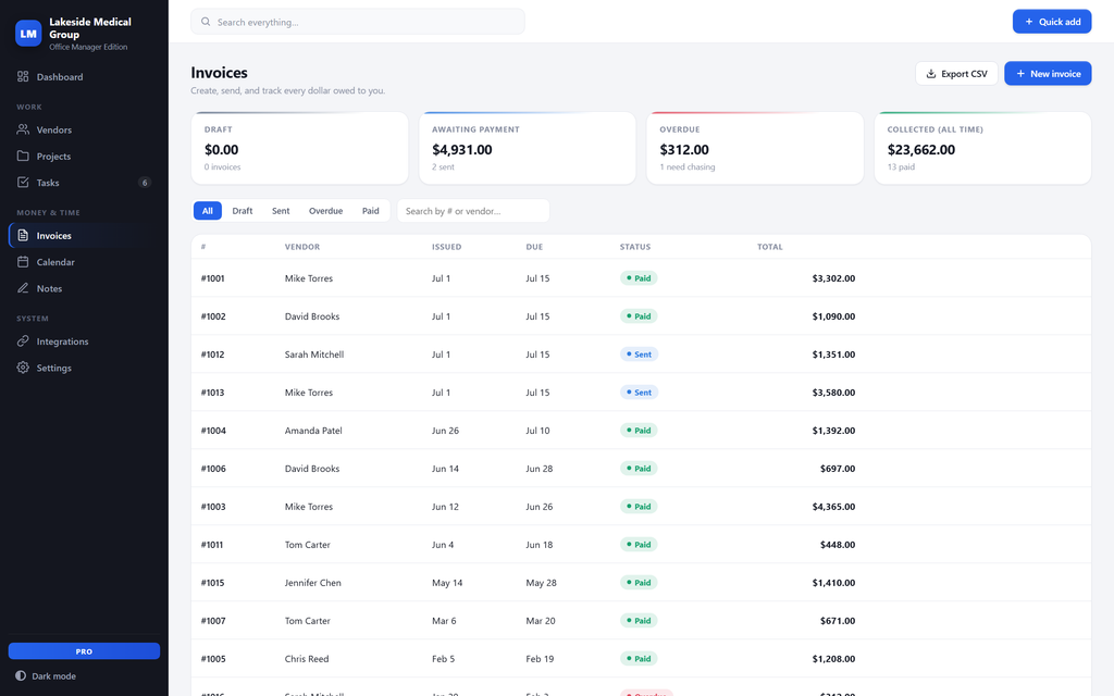 OpsDesk — invoices view