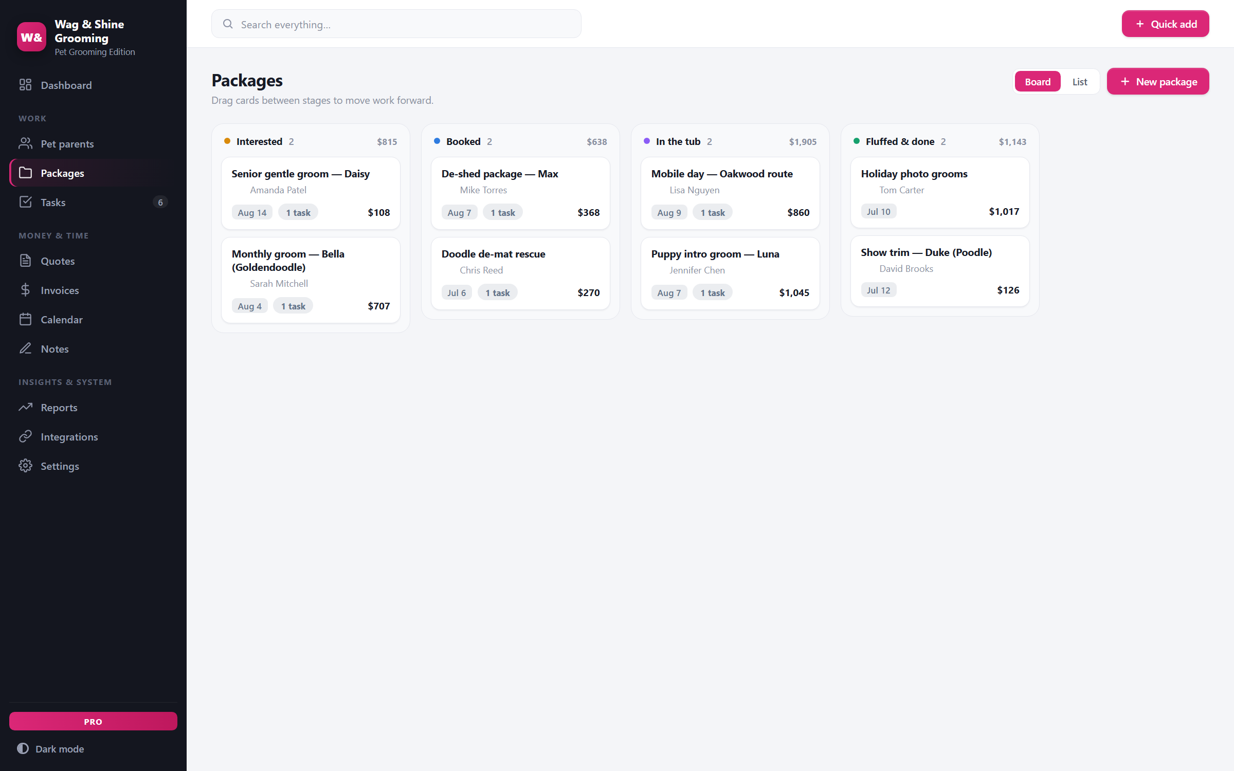 GroomDesk — board view
