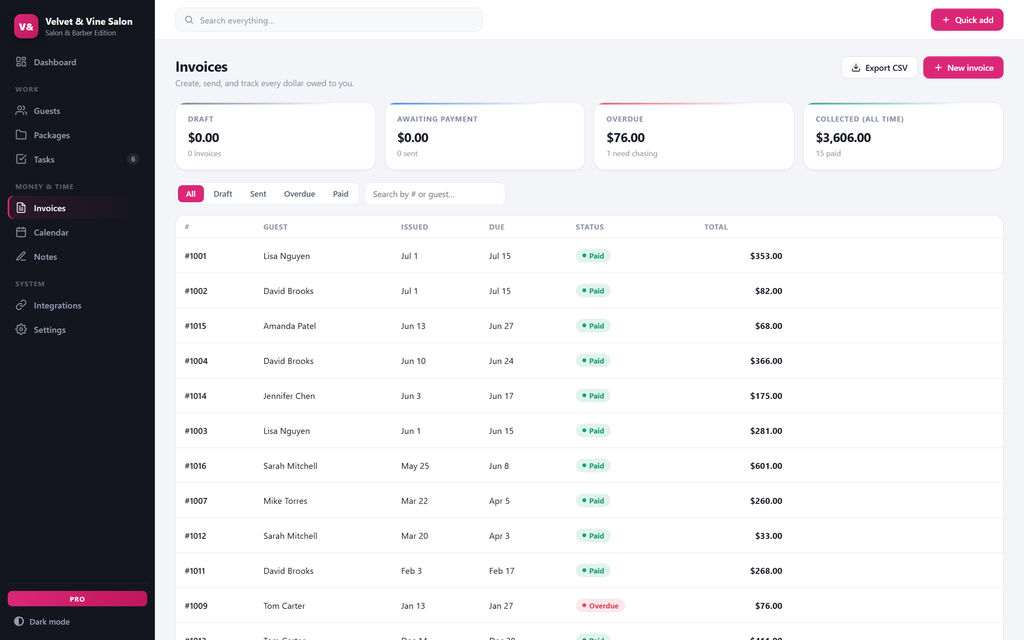 SalonDesk — invoices view