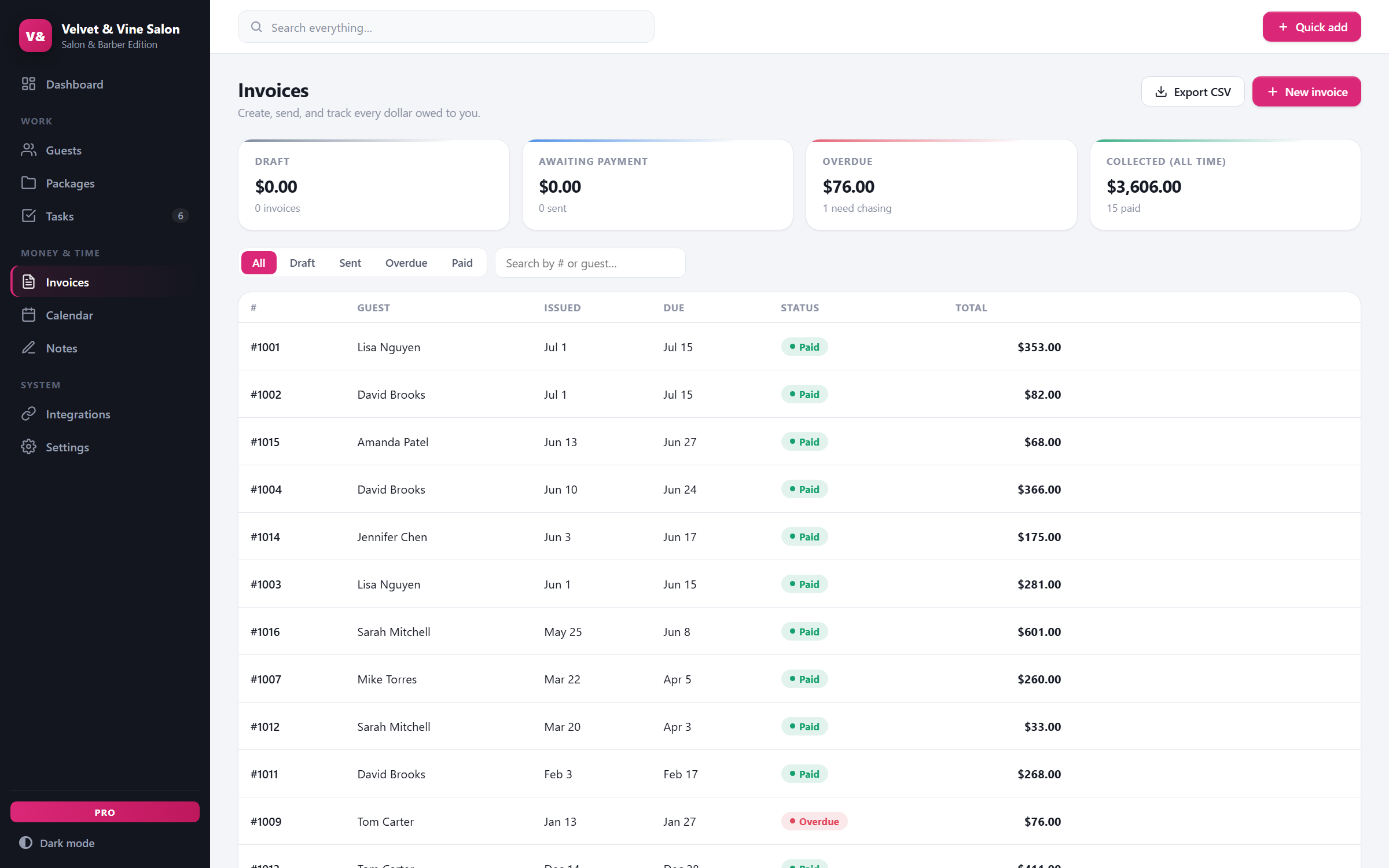 SalonDesk — invoices view
