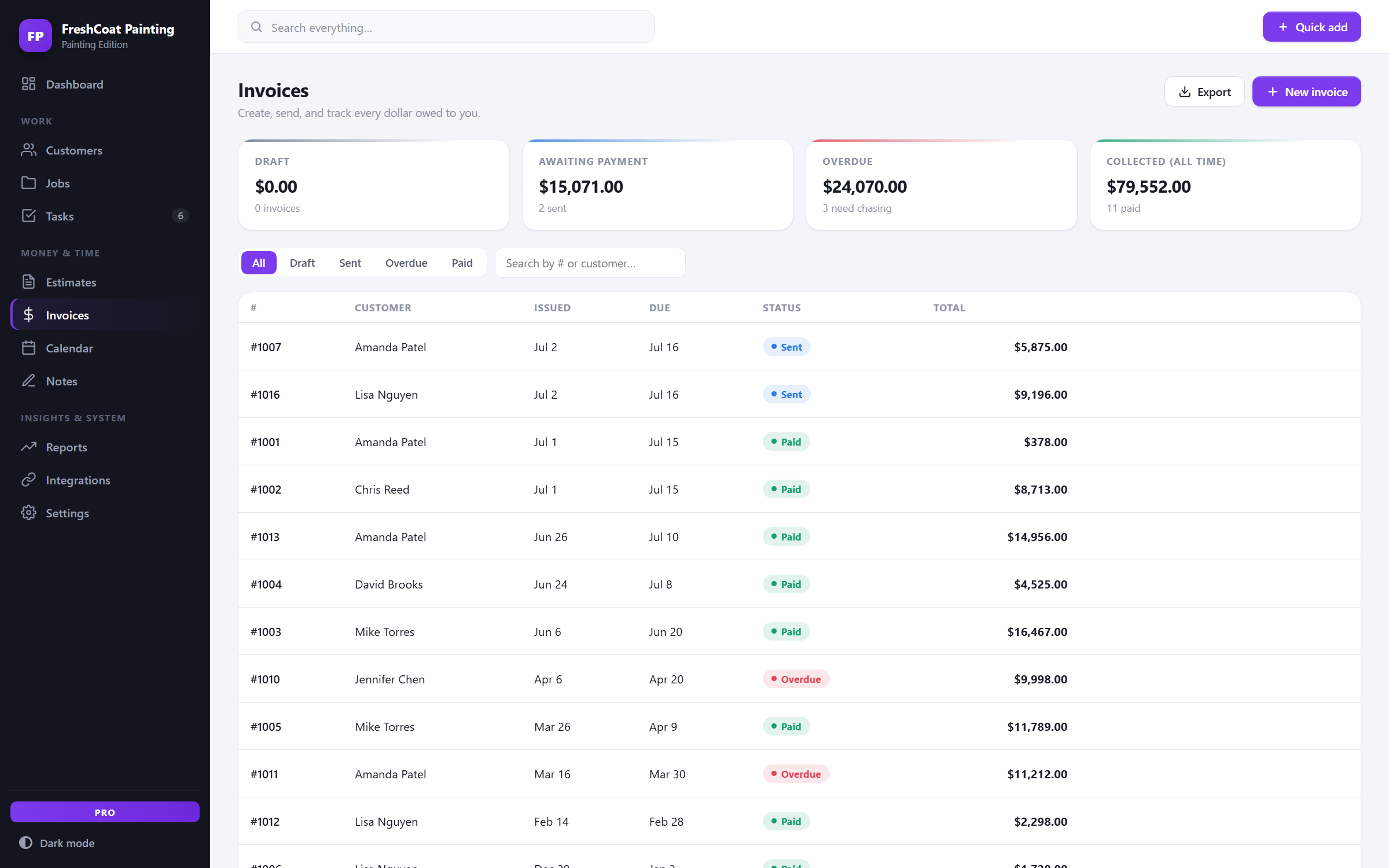 BrushDesk — invoices view