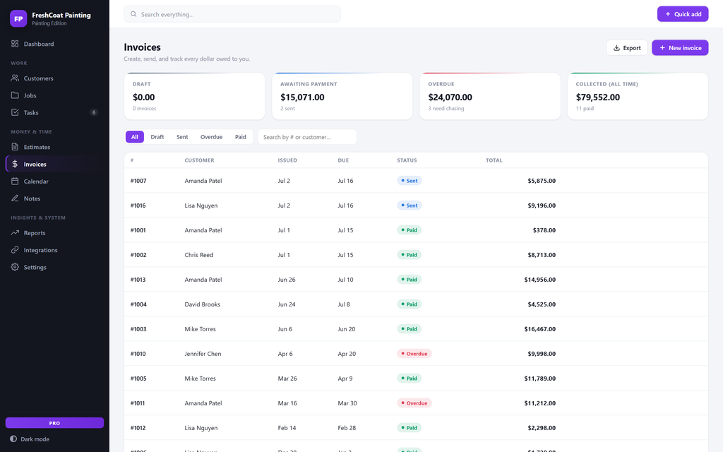BrushDesk — invoices view