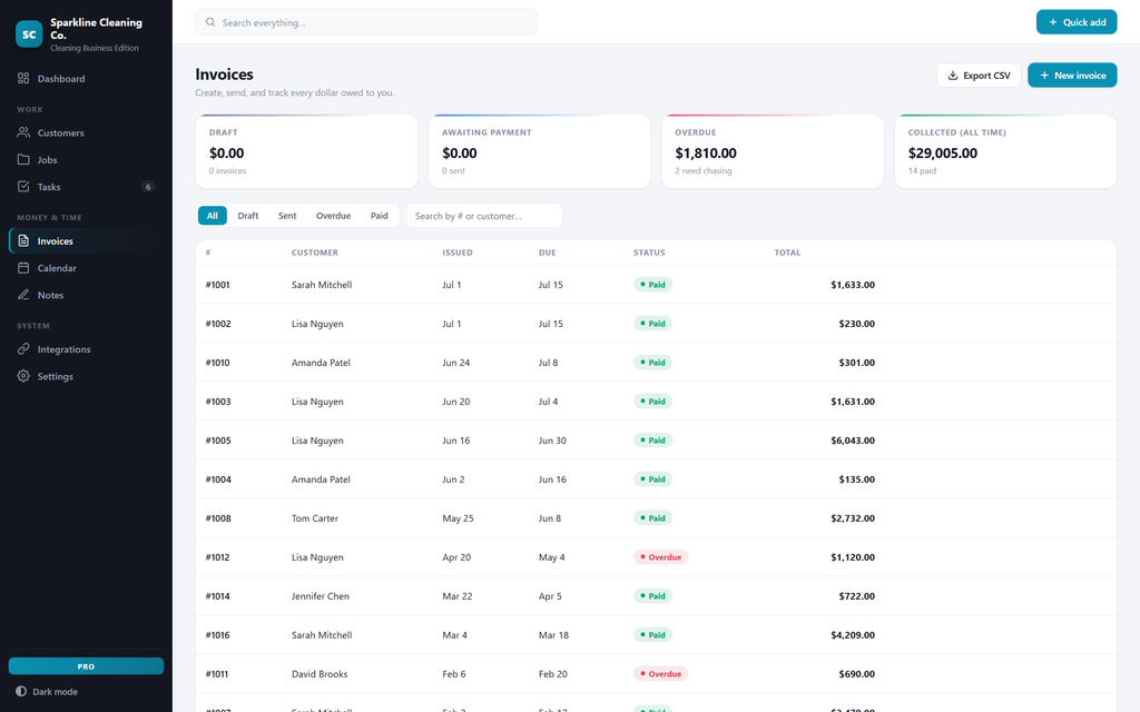 CleanDesk — invoices view