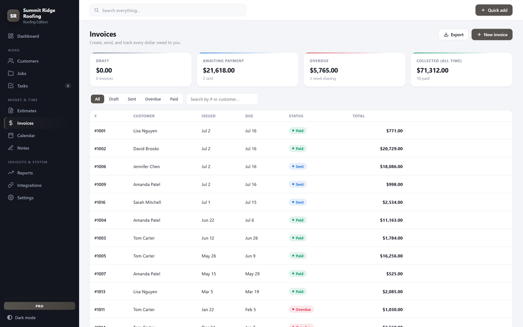 RoofDesk — invoices view