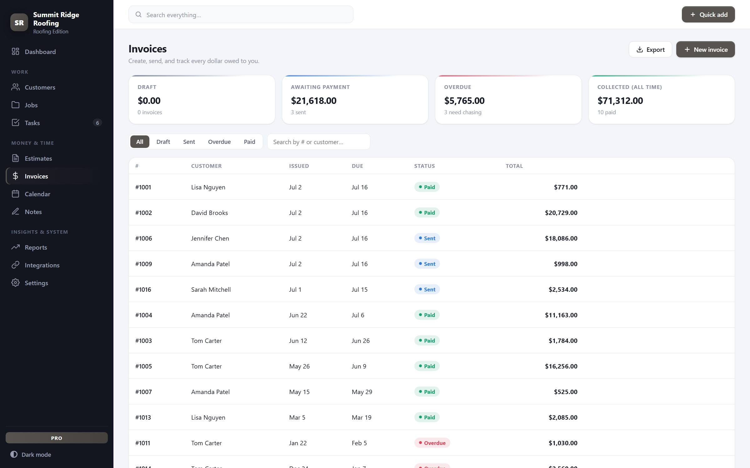 RoofDesk — invoices view