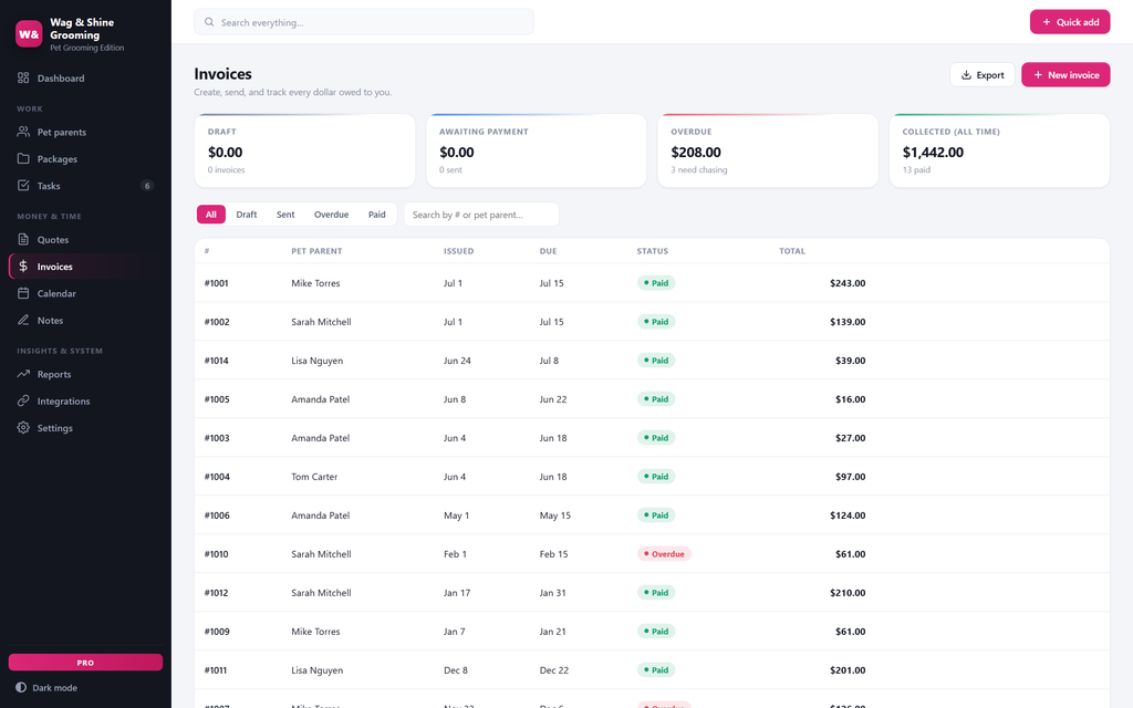 GroomDesk — invoices view